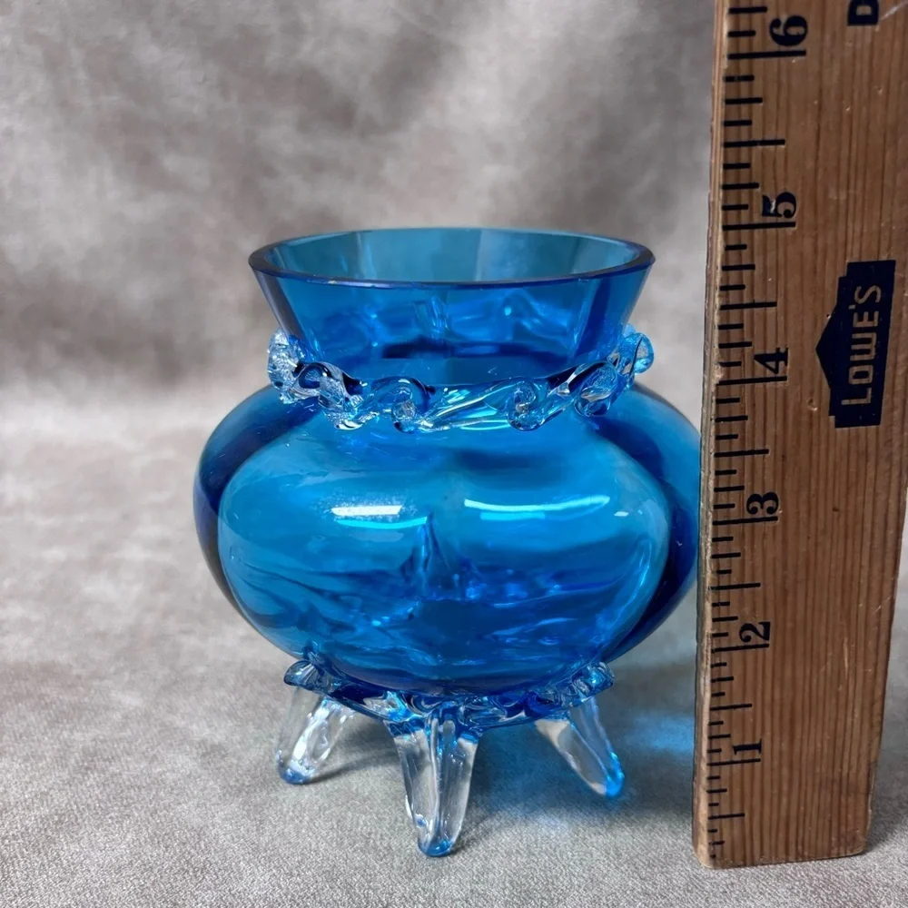 Blue Glass Footed Vase Hand Blown Applied Ribbon Pilgrim Glass Made in USA